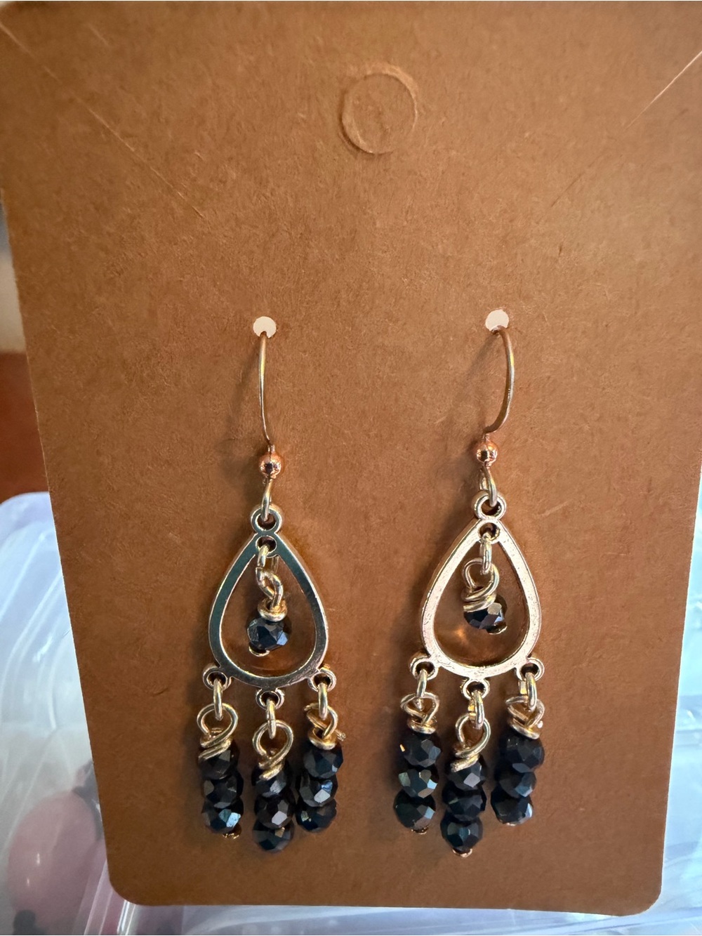 Handmade Silver Teardrop Dangle Earrings with Black Beads